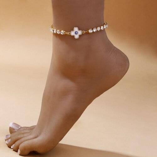 Shiny Rhinestone Chain Article Personality Demon Eye Lady Anklet Fashion Four Leaf Clover Creative Foot Accessory Small Gift