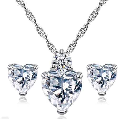 Chavin Heart And One Cubic Zirconia Silver Cap. Lady Necklace & Earrings Set Dn82