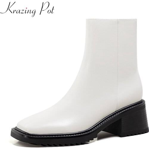 Krazing pot cow leather square toe formal Chelsea boots zipper keep warm thick high heels chic sweet young lady ankle boots l34