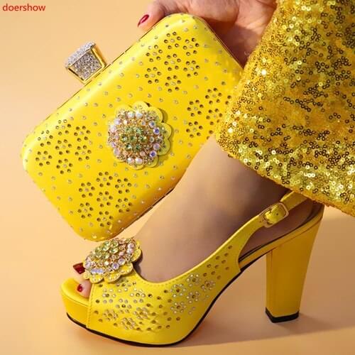 Doershow yellow Shoes and Bag Set for Women Summer African Style italian Shoes and Bag Set for party Custom products!HXX1-17