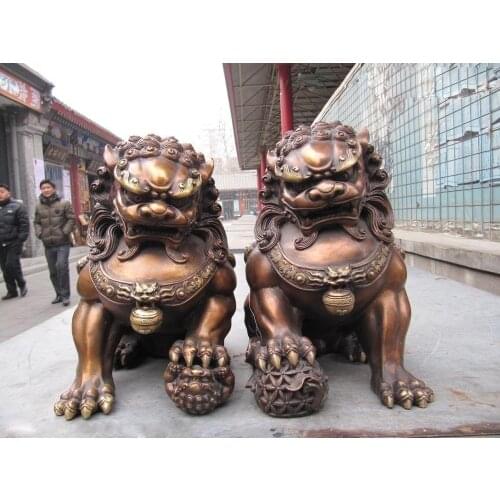 27CM Chinese classical Bronze Copper Evil Guardian Door Bei Jing Fu Foo Dog Lion Pair Decoration Crafts Statues & Sculptures