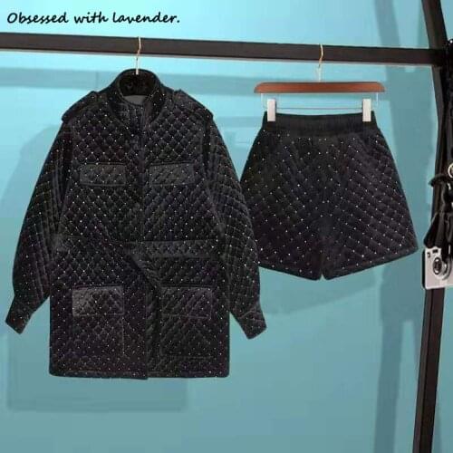 Obsessed with lavender.New coat womens spring and autumn Korean fashion Joker suit cotton jacket cotton shorts two-piece set