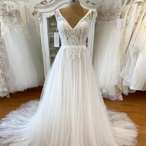 New Arrival Elegant Bridal Gown Bead Applique Lace Sleeveless Backless Church A-Line Tulle Wedding Dress Tube
