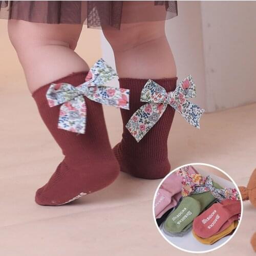 Cute Floral Bows Baby Girl Socks Cotton Knitting Winter Autumn Newborn Girls Anti-slip Floor Socks Bowknot Kids Long Socks