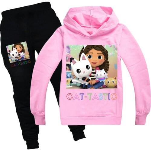 Spring Autumn Trendy Fashion Childrens Clothing Cat-Tastic Set Birthday Girl Pink Shirt Kids Gabby Cats Hooded Sweatshirts Suit