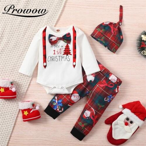 Prowow 2021 My First Christmas Baby Clothes Winter Newborns Bobysuit+Pant Set Baby New Year Costume Handsome Kids Boys Clothing