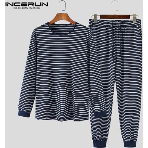 Man Cozy Nightgown Suits INCERUN 2021 Spring Leisure Striped Pajama Sets Men Long Sleeve Tops Drawstring Pants Homewear S-5XL 7