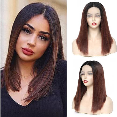 Ombre Orange Colored Synthetic Lace Front Wigs For Black Women X-TRESS Yaki Straight Blunt Short Bob Hair Lace Wig Middle Part
