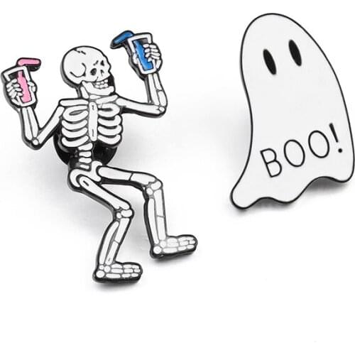 Skeleton Ghost Enamel Pins Dancing Skull BOO! Brooches Badge Jackets Lapel Pin Punk Gothic Jewelry Halloween Gifts For Friends
