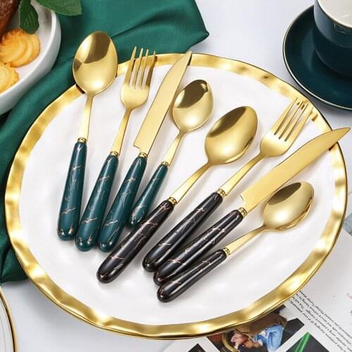 Stainless Steel Tableware Ceramic Marbling Handle Spoon Western steak Knife Fork Teaspoon Dinnerware Kitchen Gadget Dropshipping