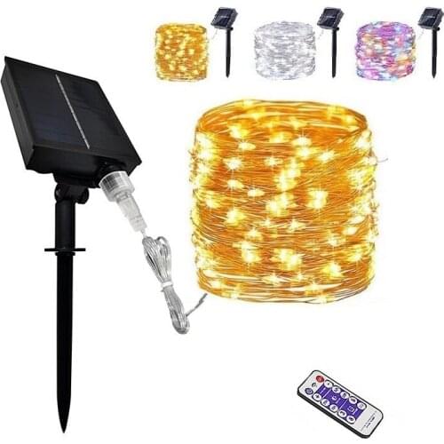 Solar powered led string fairy light tape waterproof outdoor 30m 300 leds 40m 400leds copper wire lamp remote control