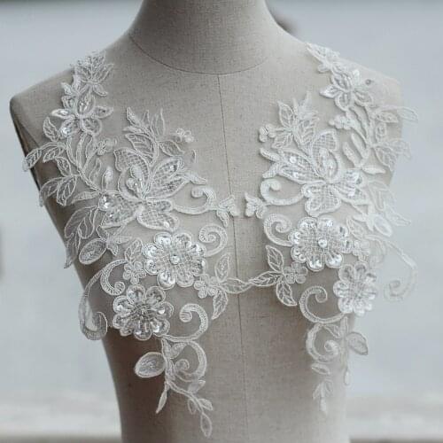 Ivory Alencon Lace Applique Beaded Sequined Patch For Wedding Supplies Bridal Hair Flower Headpiece 2 piece