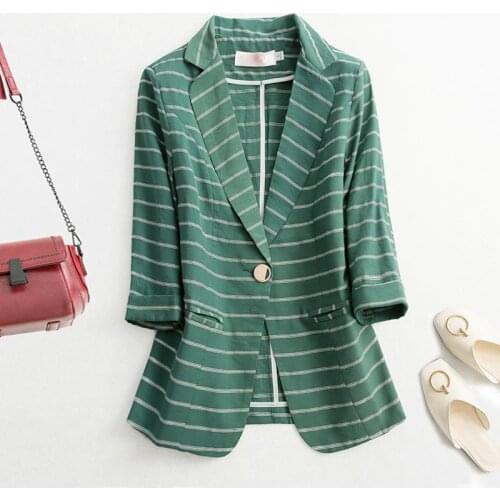 2021 Spring Summer New Striped Thin Blazer Jacket Women Elegant Slim 3/4 sleeve Ladies Outwear Single button Female Suit Coat