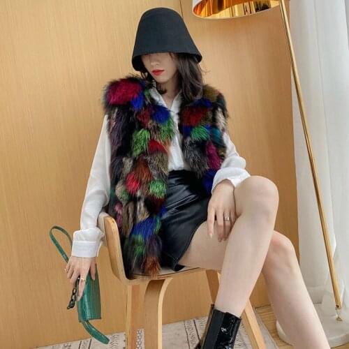 New womens Real genuine natural fox fur vest ladys fashion multi-color colorful jacket gilet warm winter custom any size