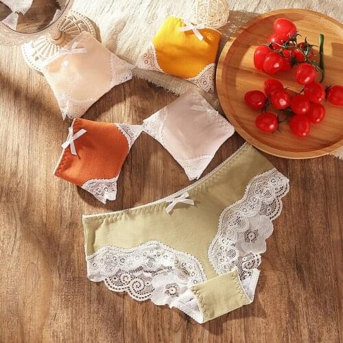 2021 Womens Cotton Underwear Panties Sexy Lace Panties Breathable Bow Mid-waist Ladies Panties Sexy Hollow Briefs