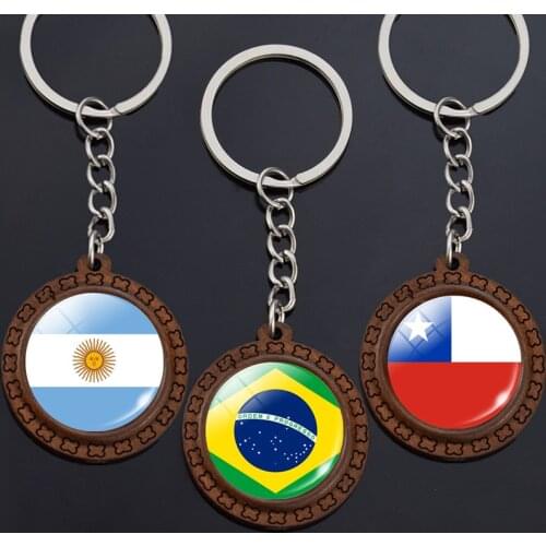 South American Flag Keychain Argentina Brazil Columbia Chile Suriname Peru Uruguay Flag Glass Dome Keyring Wooden Trinket
