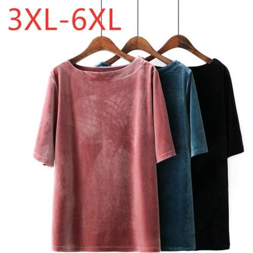 New ladies spring autumn plus size basic tops for women large cotton pink blue elastic velvet O neck T-shirt 3XL 4XL 5XL 6XL