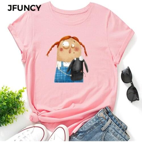 JFUNCY Womens Tee Shirt Plus Size Short Sleeve Cotton T-shirt New Cartoon Print Woman Tshirt Summer Women Tops Female Clothes