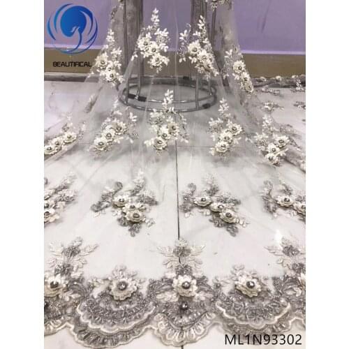 BEAUTIFICAL african lace fabrics 3d flowers net lace fabric with beads and stones for dress embroidery french lace ML1N933
