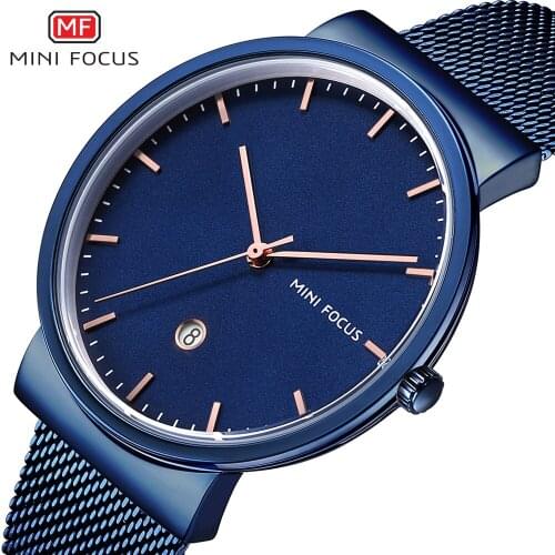 MINI FOCUS Mens Busiess Watches Stainless Steel Mesh Strap Waterproof Quartz Wrist Watch for Man Blue Waterproof MF0184G.05