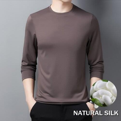 Comfort Soft Silk Cotton Lyocell Blended T-shirt Men Long Sleeve Brand High Quality Crew Neck Comfortable Tshirt Top Comfortable