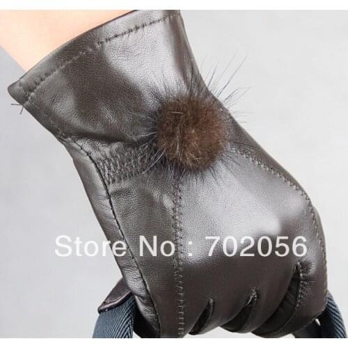 Rabbit fur ball Genuine Leather gloves skin gloves LEATHER GLOVES mixd color 12pairs/lot #3135
