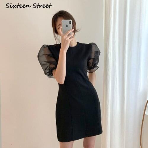 Dresses for Women Chic Round Neck High Waist Puff Sleeve Chiffon Korean Fashion Clothing Vestido De Mujer Y2k Aesthetic New 2021