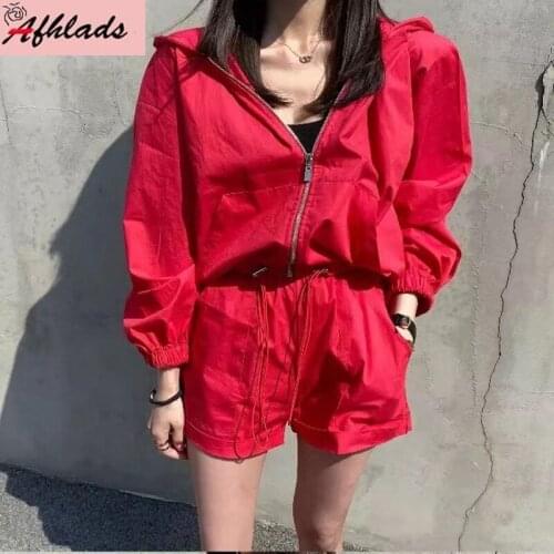Korean Spring And Summer Tracksuit Outfits Hooded Drawstring Zipper Outerwear + Elastic Waist Short Pants Two-Piece Sets
