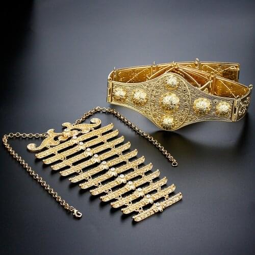 Sunspicems Gold Color Waist Belt Breastplate For Women Morocco Caftan Wedding Dress Jewelry Caucasus Robe Belt Neckalce Sets