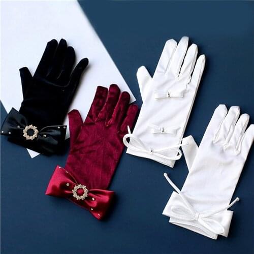 Wedding Gloves For Bride Bridal Gloves Women Bowknot Pearl Beaded Satin Gloves Finger Velvet Gants De Femmes Dress With Gloves