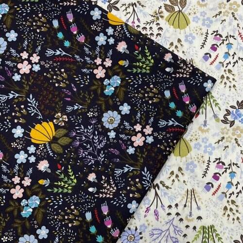 145x50cm Navy White Floral Cotton Poplin Sewing Fabric, Childrens Summer Clothing DIY Handmade Clothes Cloth