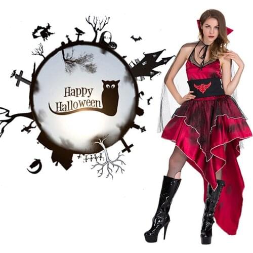 New Dark Red Bat Cos Costume Polyester Halloween Party Costumes Women Demon Cos Dress Sexy Vampire Queen Summer Gauze Cool Dress