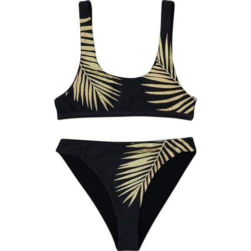 WomenS Golden Leaf Print Bikini Swimsuit Set Swim Wear Women 2020 Bikini Sexy Thong Female Bikini WomenS Bathing Suits Z0321