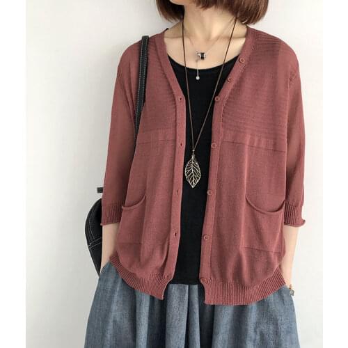 Women 2021 Summer Thin Knitted Sweater Tops Female Air Conditioner Sunscreen Cardigan V-Neck Three Quarter Sleeve Knitwear L613