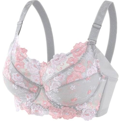 Womens Big Size Full Coverage Floral Embrodiery Ultra-thin Bra Lingerie 36 38 40 42 44 46 48 B C D E F