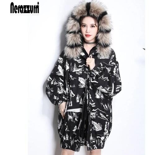 Nerazzurri Fur parka women hooded warm coat winter 2019 long sleeve raccoon fur collar thicken oversized faux fur lined jacket
