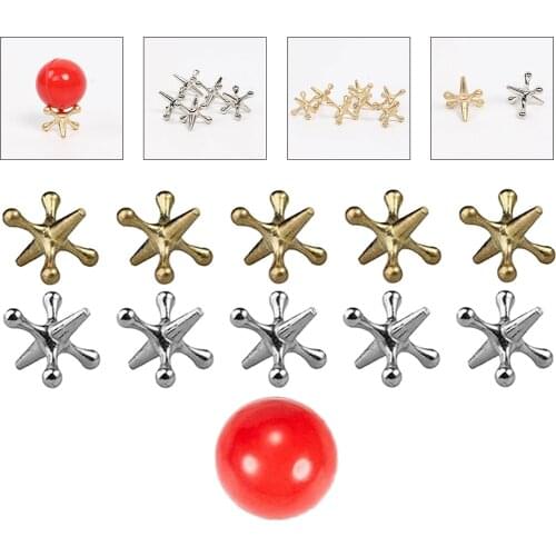 10 Set of Jacks Game Christmas Toys Kit Include 10 Pieces Metal Jacks and 1 Pieces Red Bounce Balls for Kids Board Game
