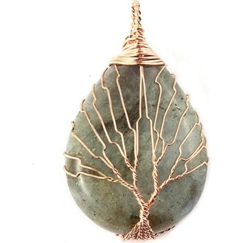 100-Unique 1 Pcs Rose Gold Color Handmade Wire Wrap Water Drop Labradorite Stone Pendant Ethnic Jewelry