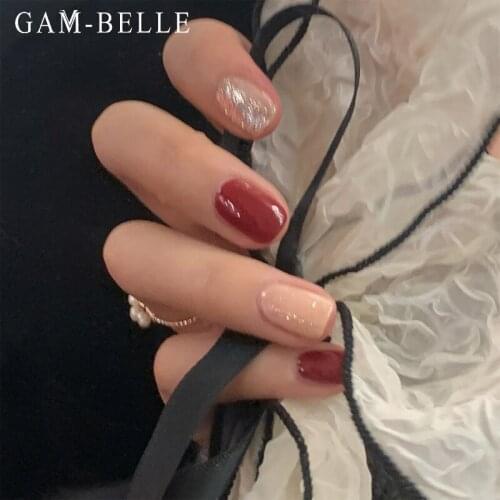 GAM-BELLE 24Pcs Red Glitter Fake Nails Full Cover Short Square Detachable Artificial Press On Nails Tips DIY Manicure Tool