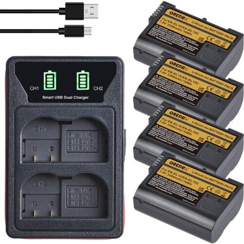 4x EN-EL15 EN-EL15C EN EL15 EL15C Battery + Charger with Type-C Port and Built-in Cable for Nikon Z6, Z7, D500, D600, D610, D750