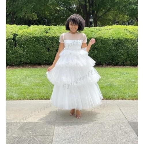 White Formal Tulle Party Dresses Ruffles Tiered Evening Gown Sheer Neck robe de soiree Sweet Summer Dress коктейльные платья