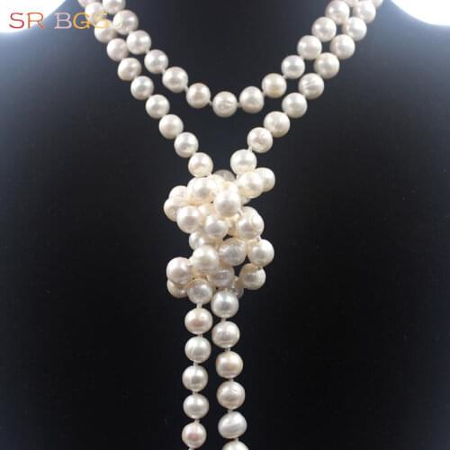 Free Shipping 9-10mm Nearly Round Freshwater Pearl Beads Knot Strand Pendant Woman Jewelry Long Necklace 47inch