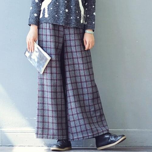 SCUWLINEN 2019 Women Winter Trouser Classic Plaid Elastic Waist Thicken Warm Wool Wide Leg Pants Long Casual Pantalon Femme S416