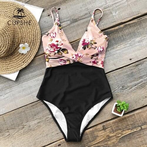 CUPSHE Pink Floral One-Piece Swimsuit Women High Leg Cut Sexy Monokini Bathing Suits 2021 New Girls Beach Bathing Suit Swimwear