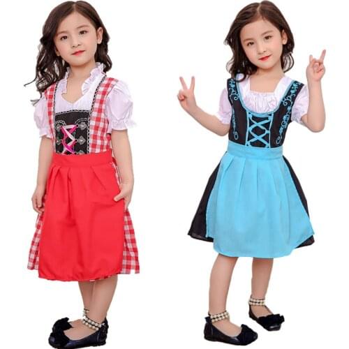 Child Girls German Oktoberfest Dirndl Maid Costume Peasant Lacing Up Apron Cotton Dress Puff Sleeves Outfit For Kid Girls 3-10T