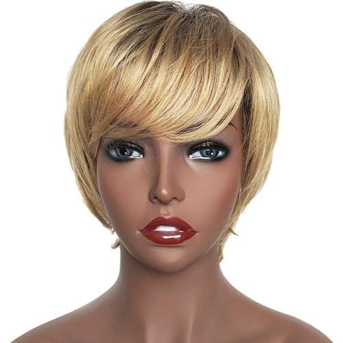Natural Looking Short Straight Layered Bob Wigs Human Hair Full Wig For America and Africa Women W/ Bangs 8 Inch
