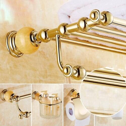 Bathroom Hardware Set Jade Brass Towel Rack Paper Holder Towel Bar Corner Shelf Toilet Brush holder Golden Bathroom Accessories