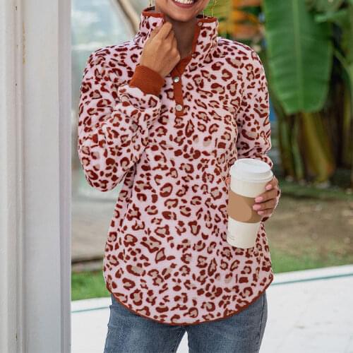 Leopard Pocket Button Stand Collar Women Coats For Winter 2021 Lady Long Sleeve Fleece Warm Casual All Match Outwear Coat