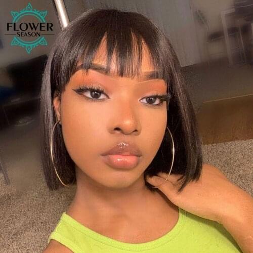 Bob With Bangs Human Hair Wig O Scalp Top Full Machine Wig Peruvian Glueless Remy Hair 150 Density For Women FlowerSeason