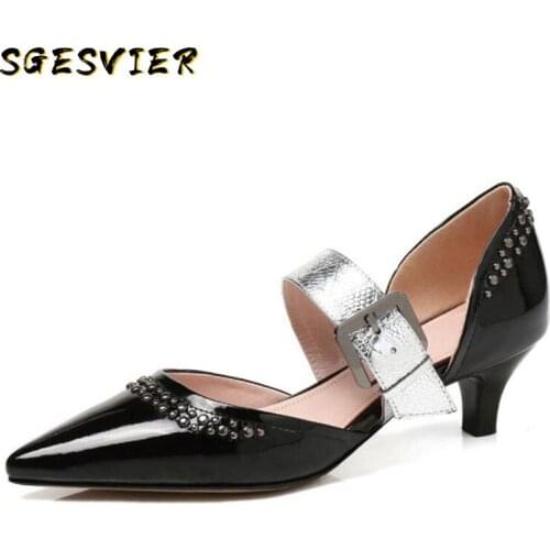 SGESVIER Women Real Leather High Heel Sandals Pointed Toe Rivet Buckle Sandals Summer Fashion Party Shoes Women Size 34-43